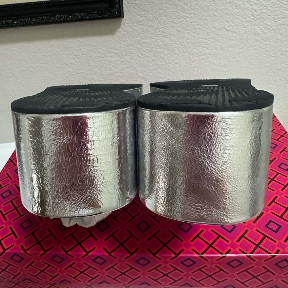 Wore 2hours! Like New/In box! Tory Burch metallic Silver Wedge sandals. - Picture 9 of 12